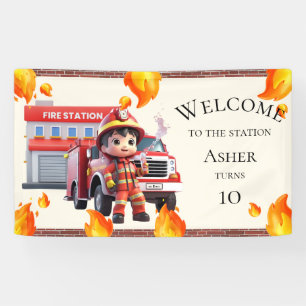 Cute Kawaii Boy Firefighter Fire Truck Party Banner