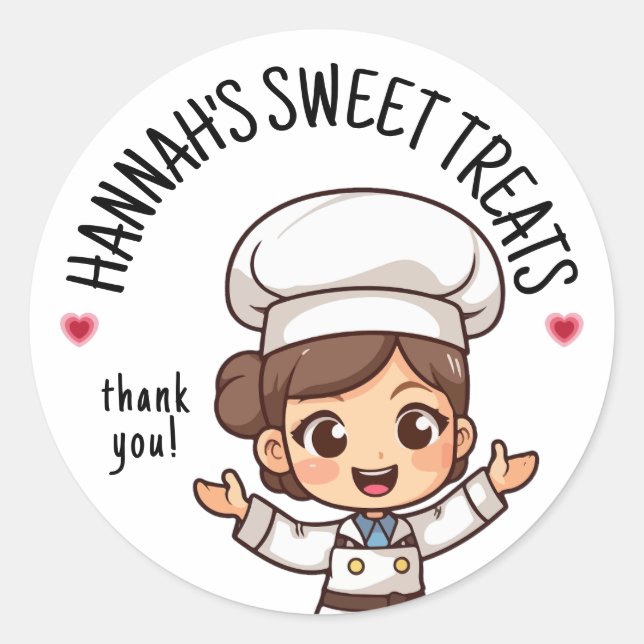 Cute Kawaii Brown-Haired Baker Thank You Classic Round Sticker (Front)