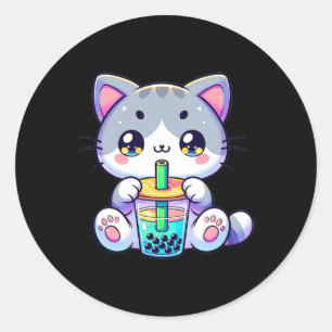 Cute Kawaii Bubble Tea Cat Japanese Kitten Anime Classic Round Sticker