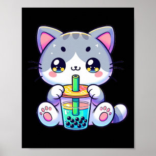 Cute Kawaii Bubble Tea Cat Japanese Kitten Anime  Poster