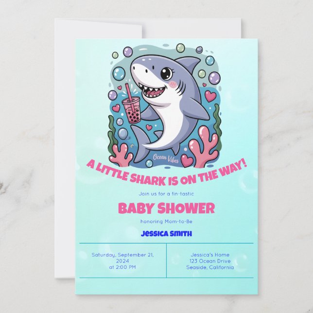 Cute Kawaii Bubble Tea Shark Baby Shower Invitation (Front)