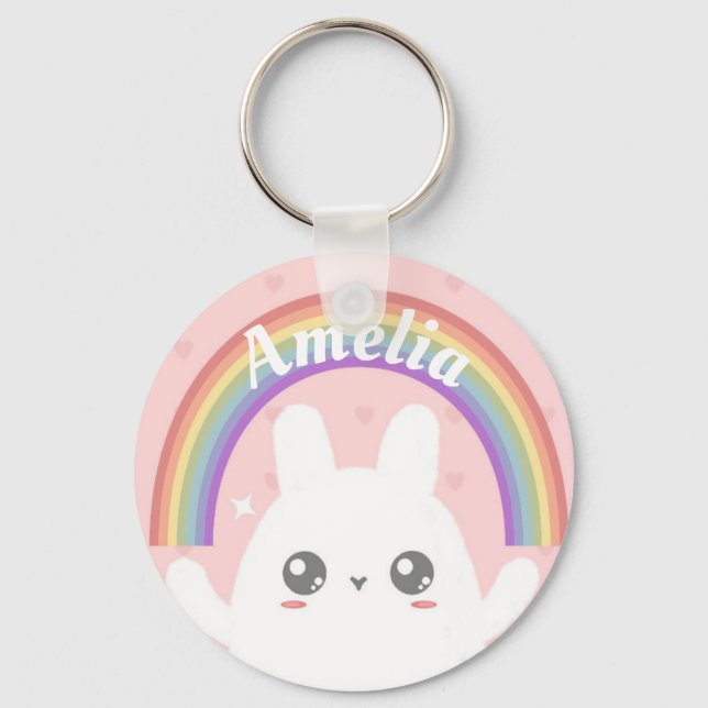 Cute Kawaii Bunny and Rainbow Personalised Key Ring (Front)