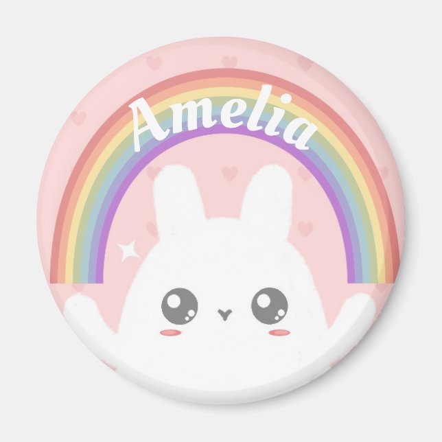 Cute Kawaii Bunny and Rainbow Personalised Magnet (Front)