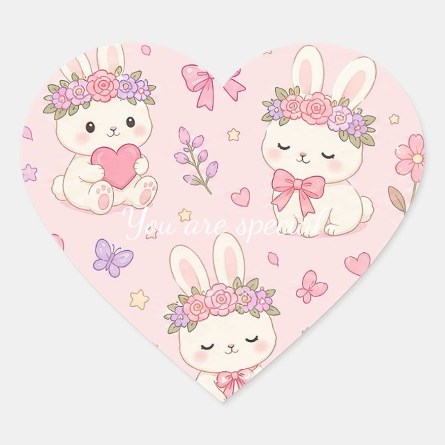 Cute Kawaii Bunny Flower Crown Pattern Heart Sticker (Front)