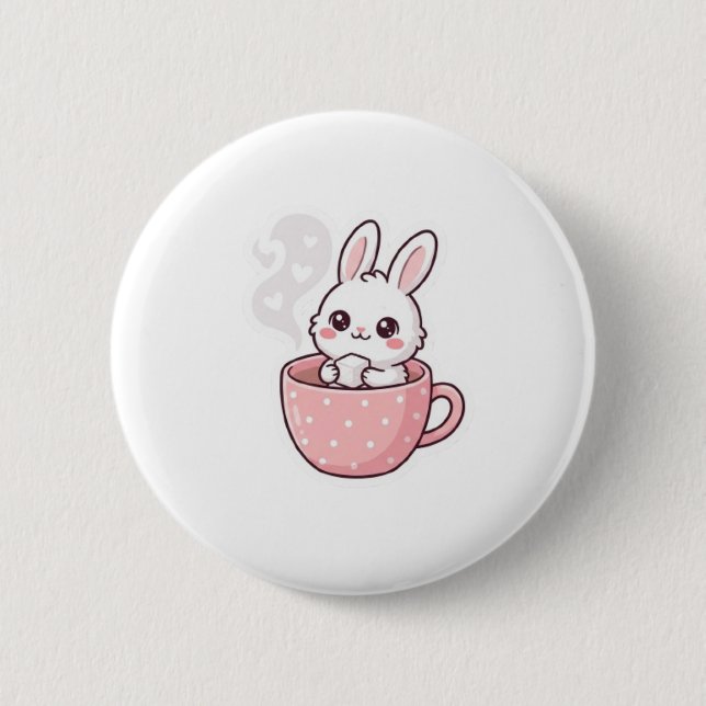 :  Cute Kawaii Bunny in Teacup Button. 6 Cm Round Badge (Front)