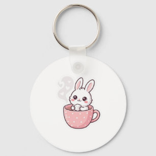 : Cute Kawaii Bunny in Teacup Button. Key Ring