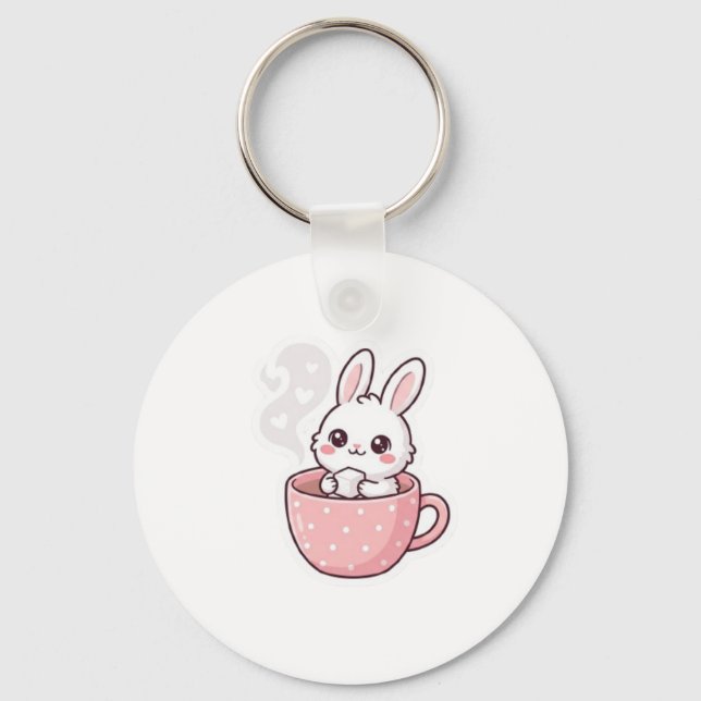 :  Cute Kawaii Bunny in Teacup Button. Key Ring (Front)