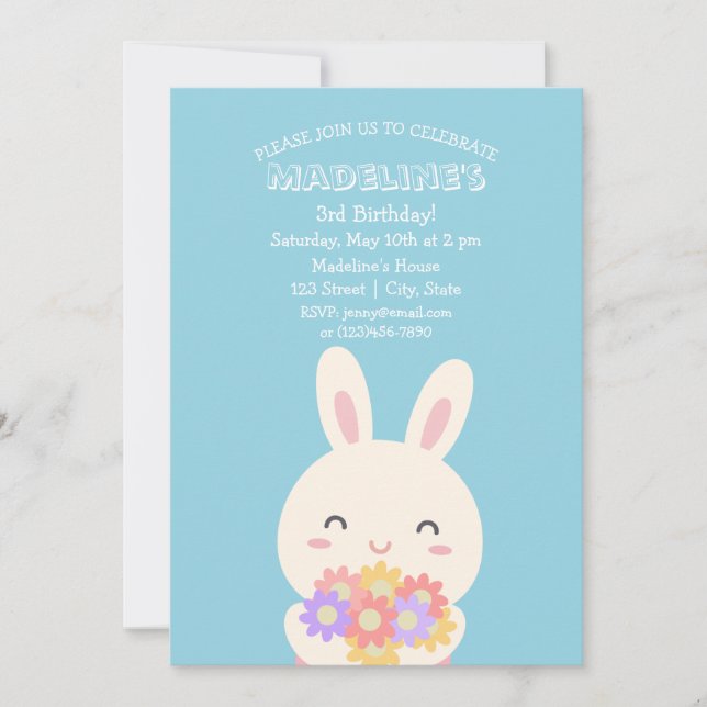 Cute Kawaii Bunny Rabbit & Flowers Kids Birthday Invitation (Front)