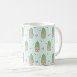 Cute Kawaii Cactus and Hearts Pattern Coffee Mug