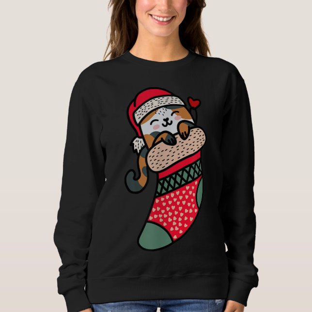 Cute Kawaii Calico Cat In Christmas Sock Sweatshirt (Front)
