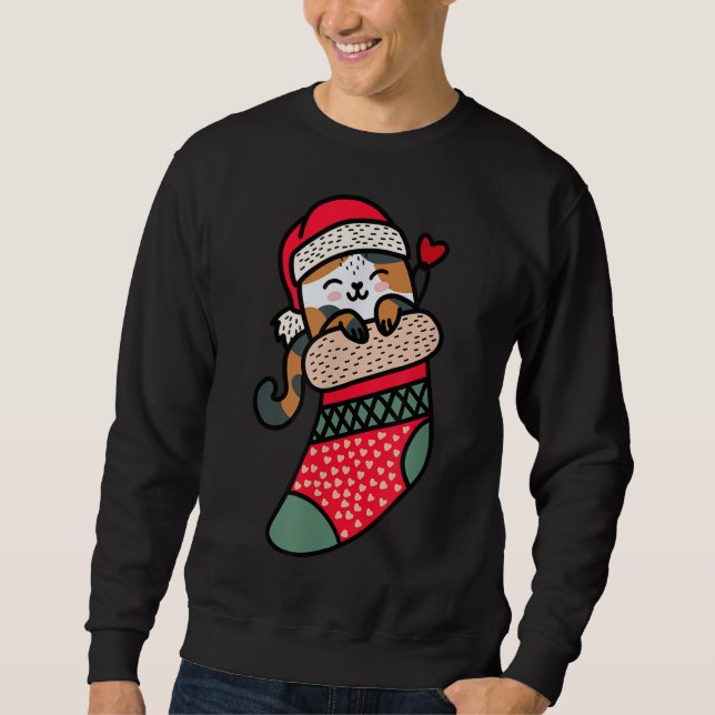 Cute Kawaii Calico Cat In Christmas Sock Sweatshirt (Front)
