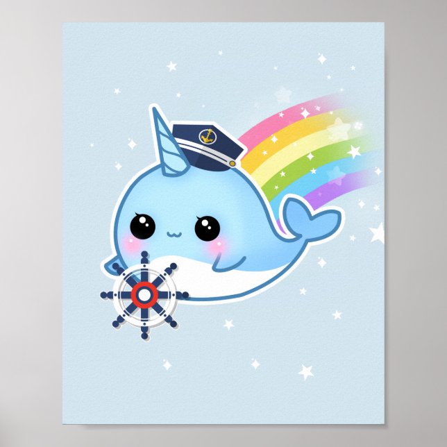 Cute kawaii captain narwhal with rainbow poster (Front)