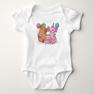 Cute Kawaii Capybara and Axolotl Birthday Party Baby Bodysuit