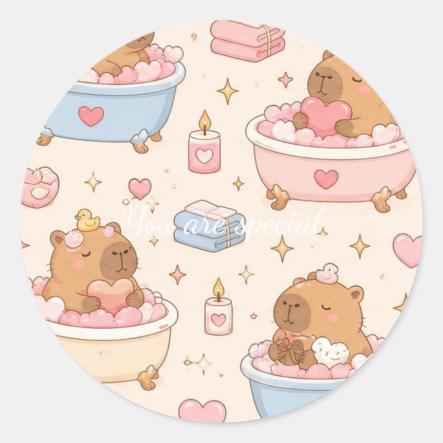 Cute Kawaii Capybara Heart Bath Pattern Classic Round Sticker (Front)