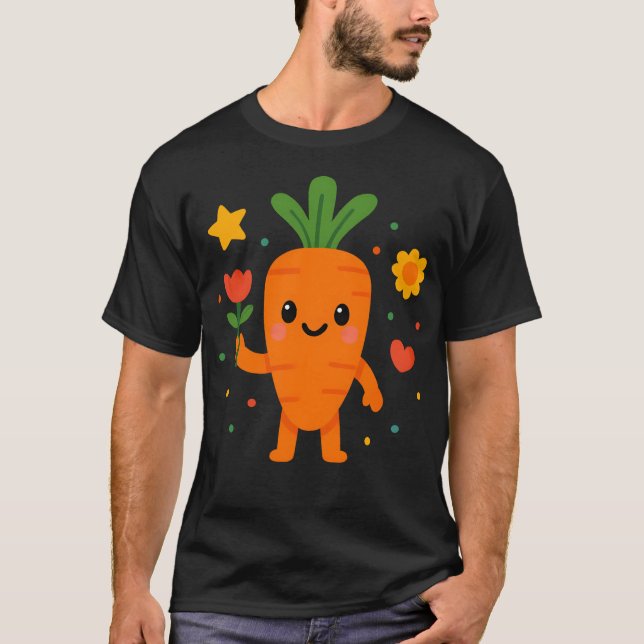 Cute Kawaii Carrot Holding Flower  Happy Vegetable T-Shirt (Front)