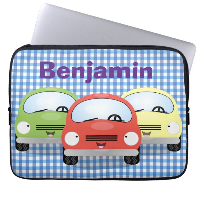 Cute kawaii cars cartoon illustration laptop sleeve (Front)