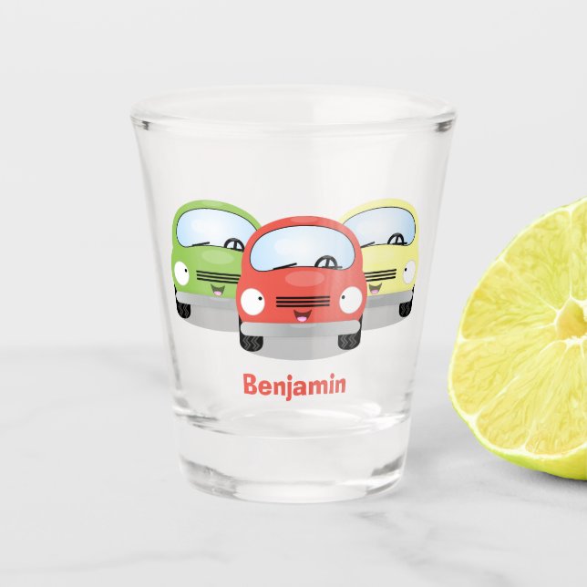 Cute kawaii cars cartoon illustration shot glass (Front)