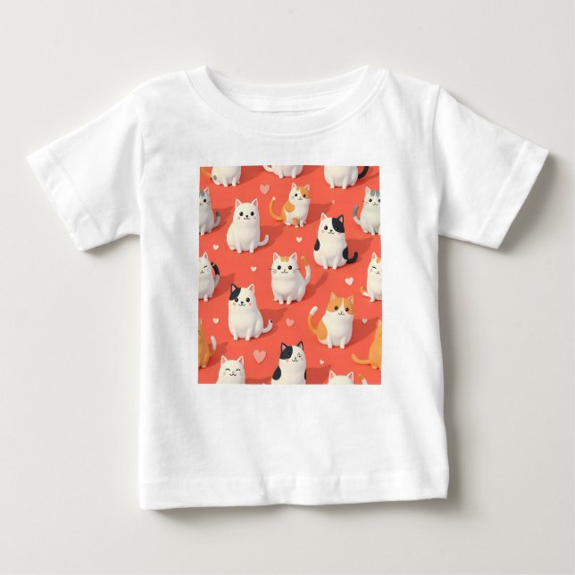 Cute Kawaii Cartoon Cat Seamless Pattern on Coral  Baby T-Shirt (Front)