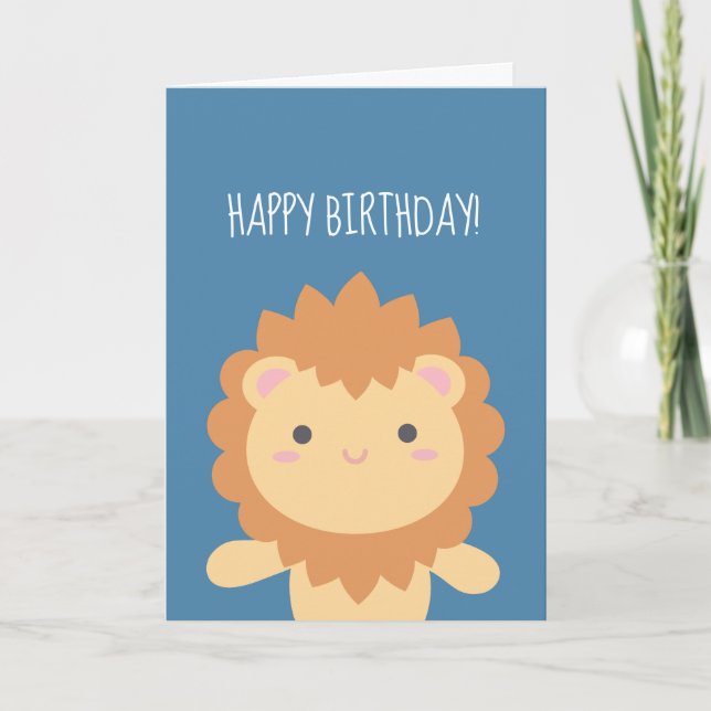 Cute Kawaii Cartoon Lion Boy Kids Happy Birthday Card (Front)
