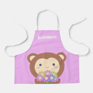 Cute Kawaii Cartoon Monkey and Flowers Apron