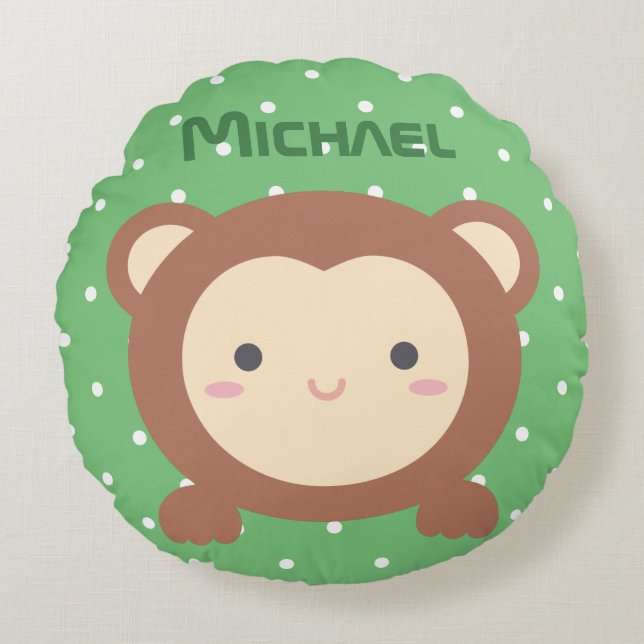 Cute Kawaii Cartoon Monkey Boy Kids Nursery Round Cushion (Front)