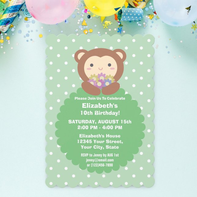 Cute Kawaii Cartoon Monkey & Flowers Kids Birthday Invitation (Creator Uploaded)