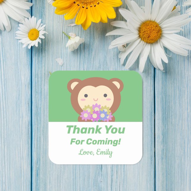 Cute Kawaii Cartoon Monkey Thank You For Coming Square Sticker (Creator Uploaded)