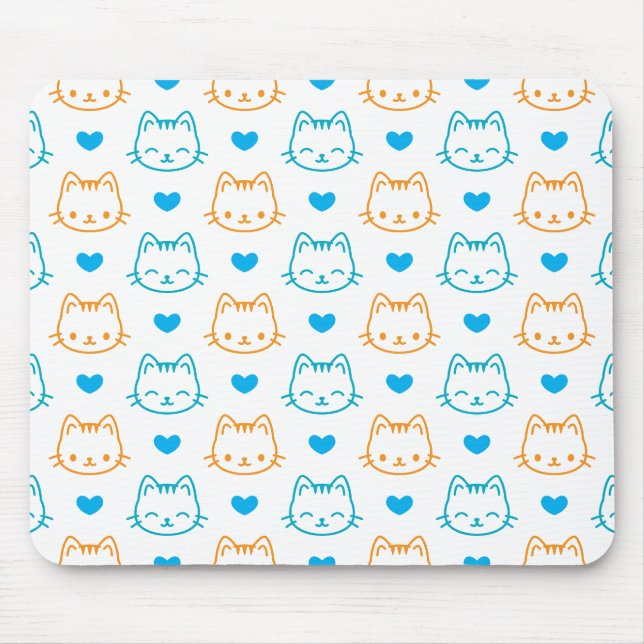 Cute Kawaii Cat and Hearts Pastel Pattern Mouse Pad (Front)