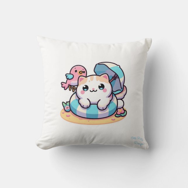 cute kawaii cat at beach Throw Pillow (Front)