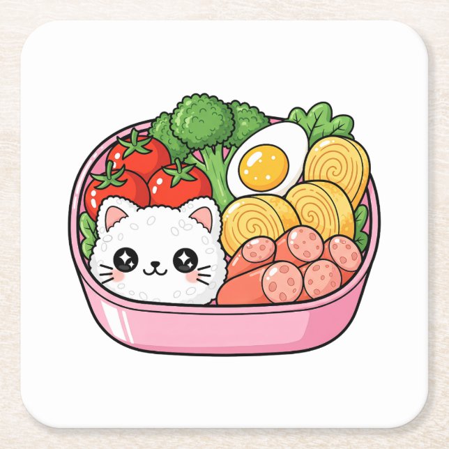 Cute Kawaii Cat Bento Box Square Paper Coaster (Front)
