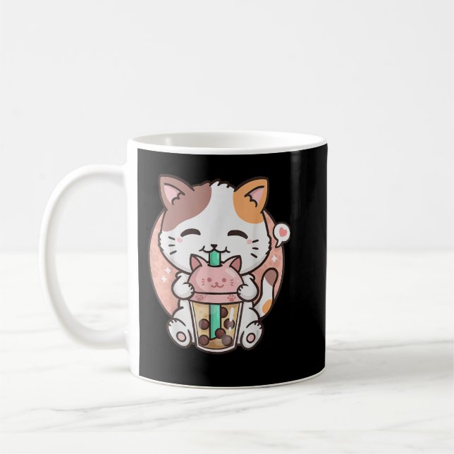 Cute Kawaii Cat Boba Bubble Milk Tea Anime Neko Ki Coffee Mug (Left)