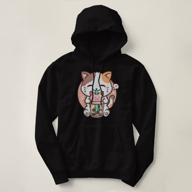 Cute Kawaii Cat Boba Bubble Milk Tea Anime Neko Ki Hoodie (Design Front)