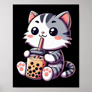 Cute Kawaii Cat Boba Bubble Milk Tea Anime Neko Ki Poster