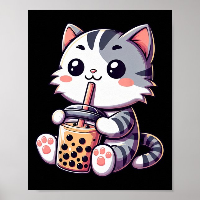 Cute Kawaii Cat Boba Bubble Milk Tea Anime Neko Ki Poster (Front)