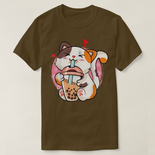 Cute Kawaii Cat Boba Bubble Milk Tea Anime Neko Ki T-Shirt (Design Front)