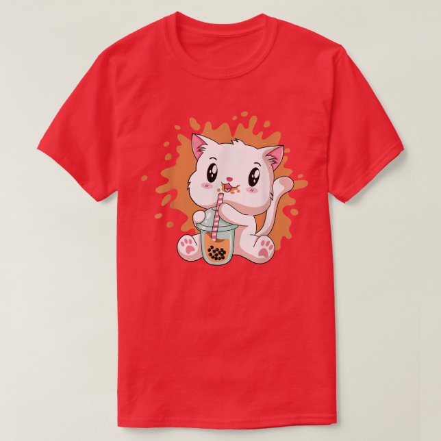 Cute Kawaii Cat Boba Bubble Milk Tea Anime Neko Ki T-Shirt (Design Front)