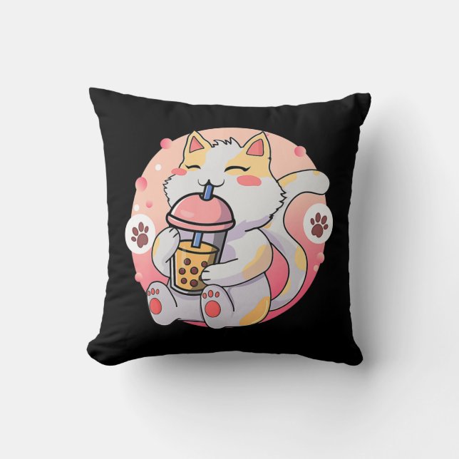 Cute Kawaii Cat Boba Tea Anime Kitten Gift Kids Gi Cushion (Front)