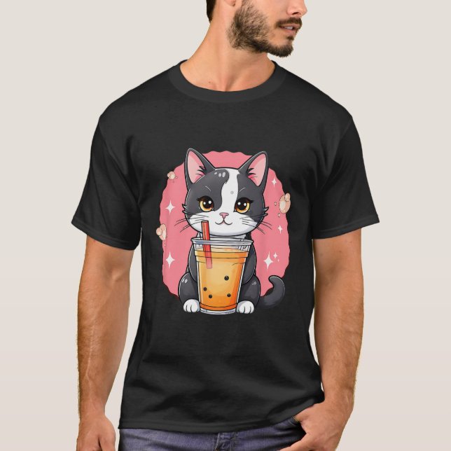 Cute Kawaii Cat Boba Tea Japanese Style Tuxedo Kit T-Shirt (Front)