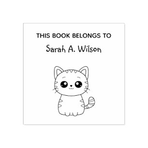 Cute Kawaii Cat Book Belongs Personalise Bookplate Rubber Stamp