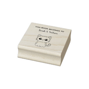 Cute Kawaii Cat Book Belongs Personalise Bookplate Rubber Stamp
