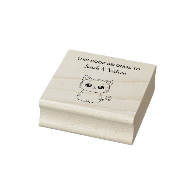 Cute Kawaii Cat Book Belongs Personalise Bookplate Rubber Stamp (Stamp)