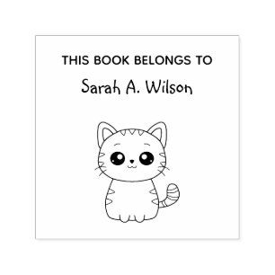Cute Kawaii Cat Book Belongs Personalise Bookplate Self-inking Stamp
