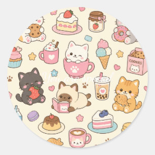 Cute Kawaii Cat Café Pattern   Coffee and Dessert  Classic Round Sticker