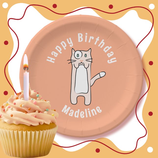 Cute Kawaii Cat Cartoon Personalised Fun Birthday Paper Plate (Creator Uploaded)