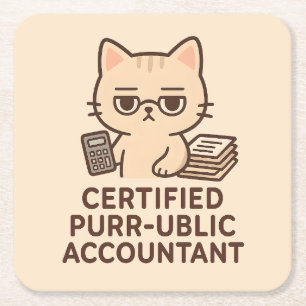 Cute Kawaii Cat Certified Public Accountant Funny Square Paper Coaster