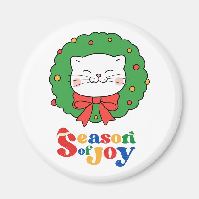 Cute Kawaii Cat Christmas Wreath Season of Joy Magnet (Front)
