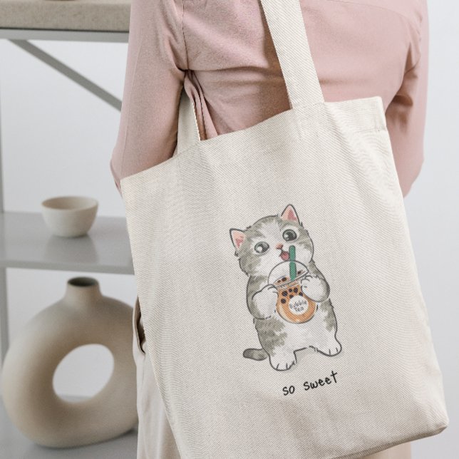 Cute Kawaii cat Drinking Boba Tea Tote Bag (cute cat)