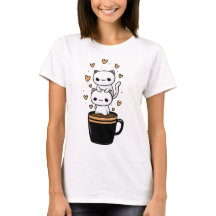 Cute Kawaii Cat Drinking Coffee Mug Hearts T-Shirt