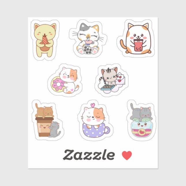 Cute kawaii cat eating fast-food stickers  (Sheet)