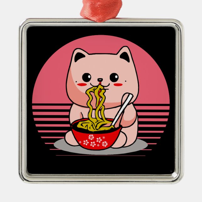 Cute Kawaii cat eating ramen Metal Ornament (Front)